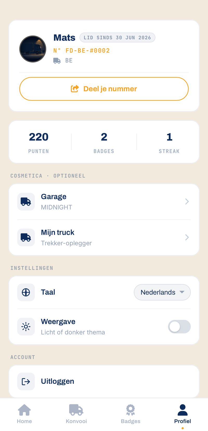 TruckerVerse app: startscherm met je punten
