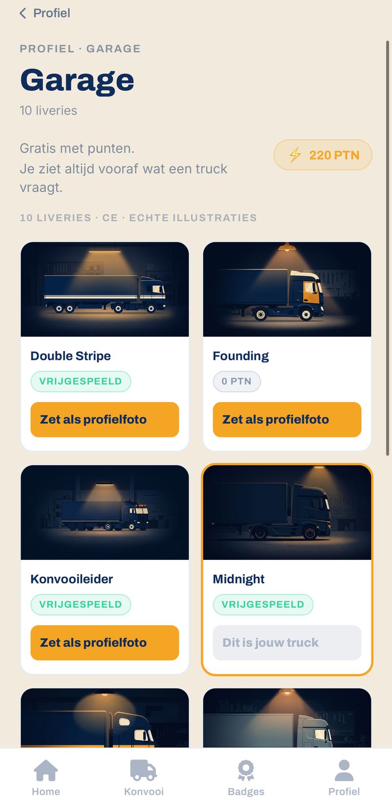 TruckerVerse app: de garage met trucks die je vrijspeelt