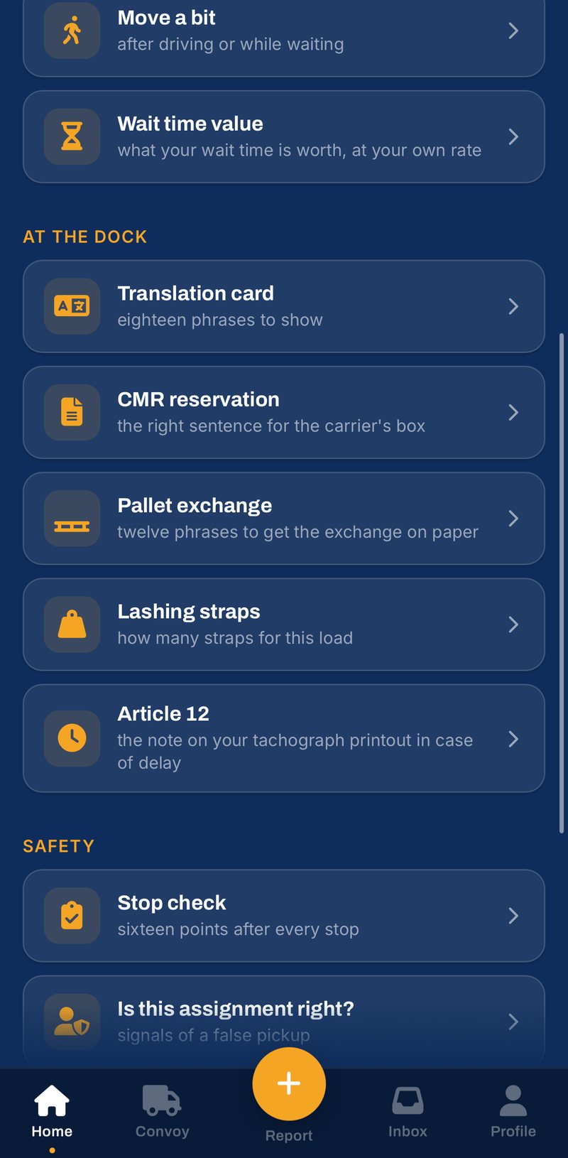 TruckerVerse app: Info en hulp, de kaarten voor aan het dok van vertaalkaart tot artikel 12