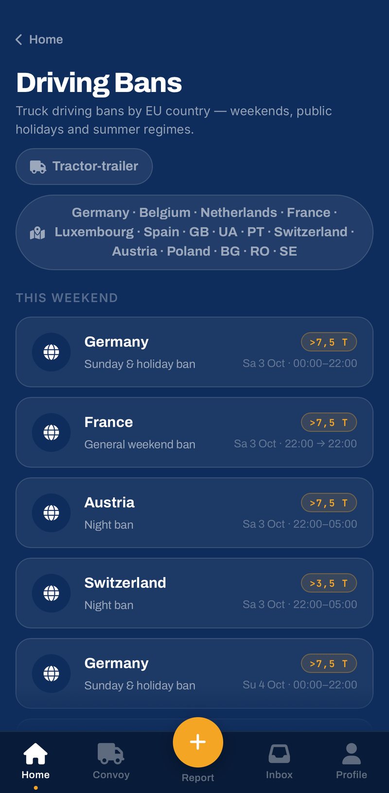TruckerVerse app: rijverboden per EU-land voor dit weekend, met de uren erbij