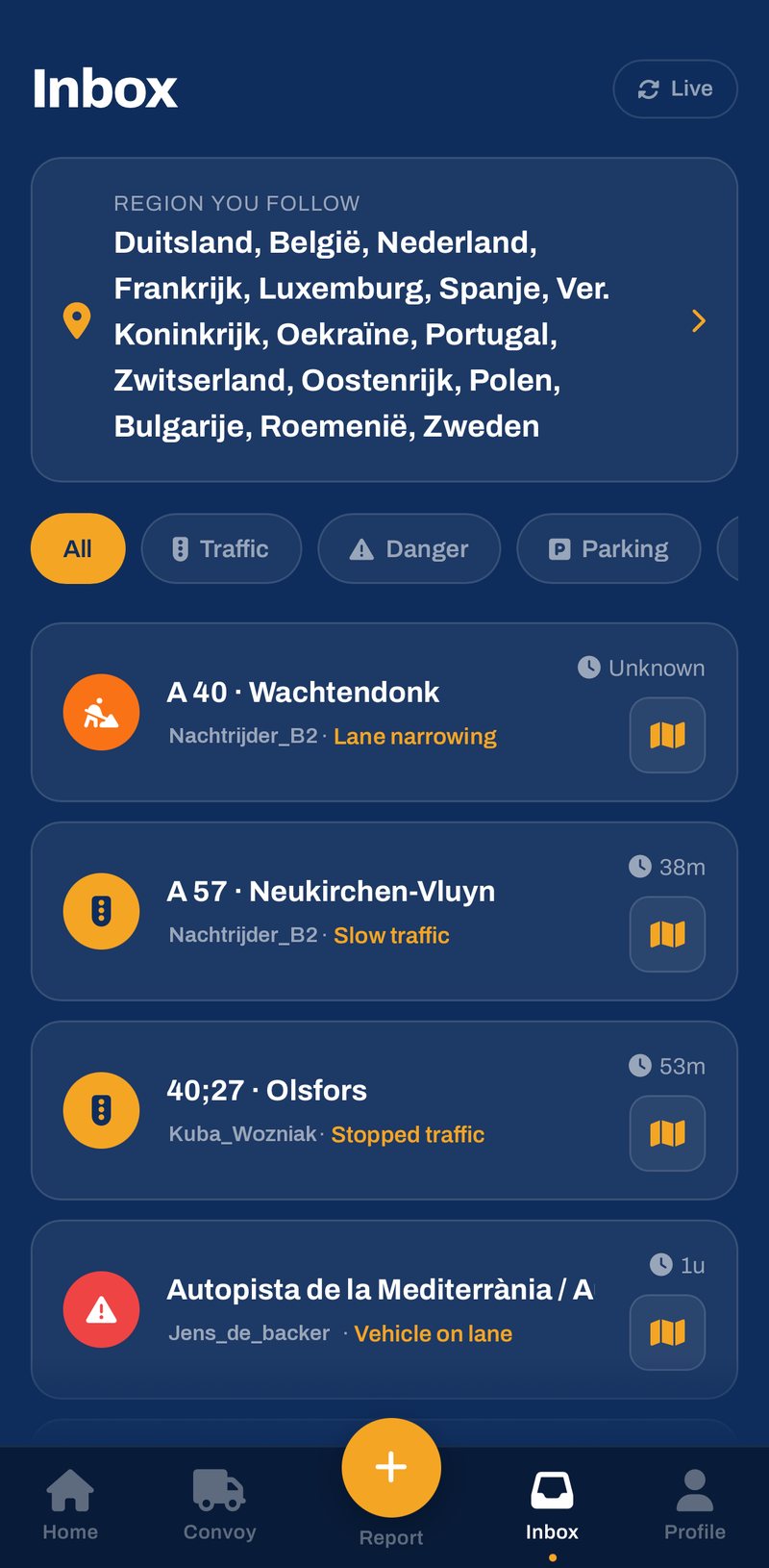 TruckerVerse app: inbox met meldingen van de weg, te filteren op file, gevaar en parking