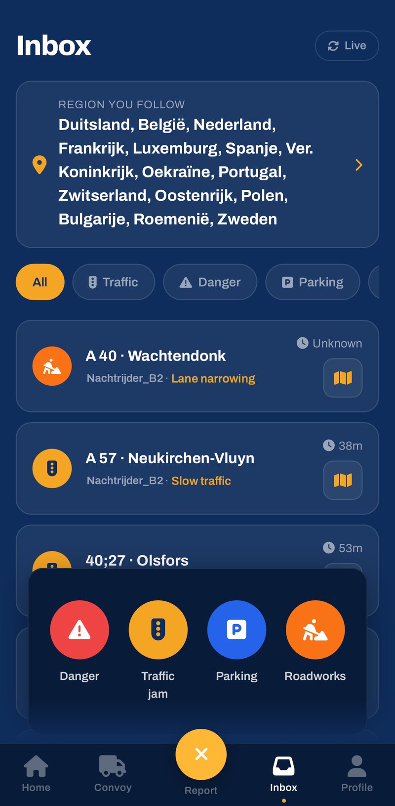 TruckerVerse app: melden in één tik: gevaar, file, parking of wegenwerken