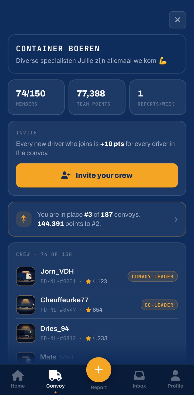TruckerVerse app: konvooidetail met ledenaantal, teampunten en de crew