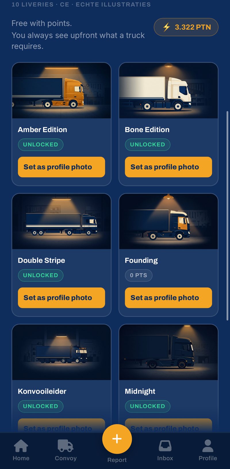 TruckerVerse app: de garage met liveries die je met punten vrijspeelt
