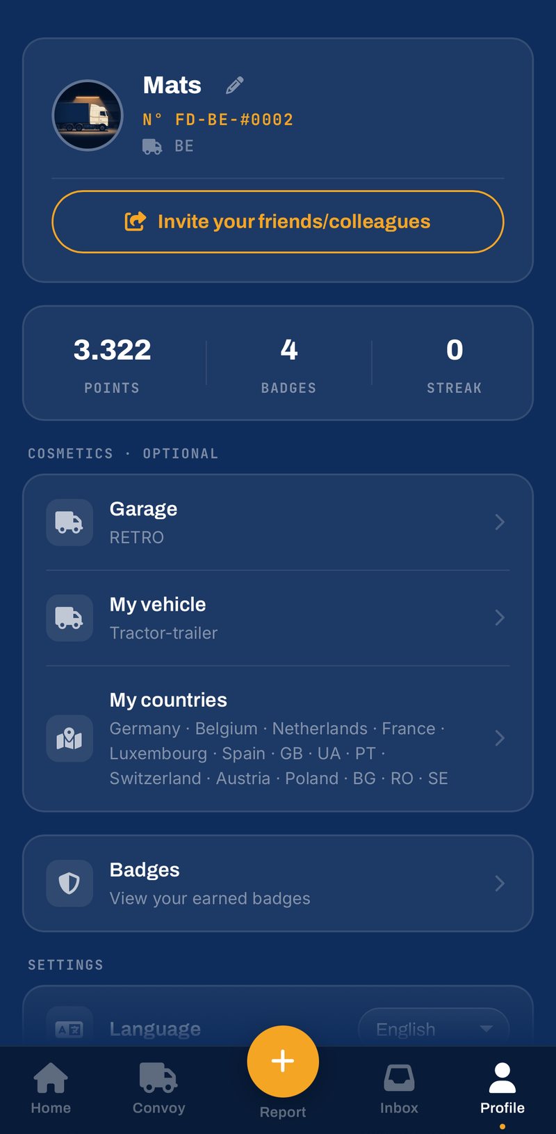 TruckerVerse app: je profiel met punten, badges en je eigen nummer